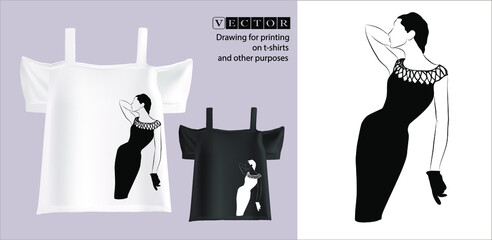 Fashionable pattern for a t-shirt. Vector drawing of a stylish lady. Isolated sketch of a female silhouette.