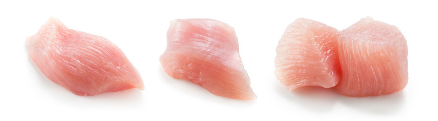 Chicken breast isolated. Raw diced chicken breast on white. Poultry raw. Cubed chicken meat set.
