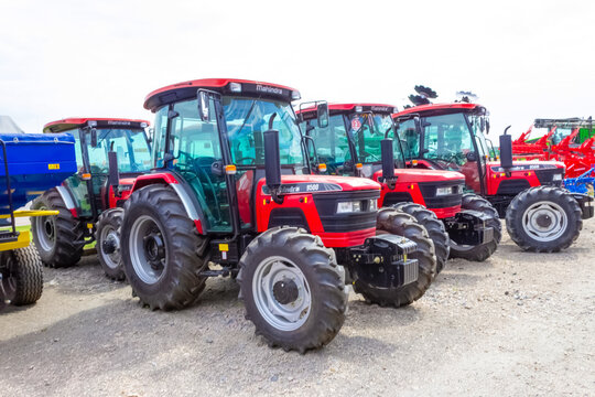 Kyiv, Ukraine - June 16, 2020: Mahindra agricultural heavy machinery equipment parked on the street