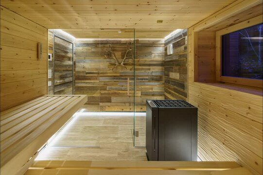 Lichtsequenz in moderner Sauna in geschroppter Zirbe mit Alttholz-Vorraum, Glasfront und kubischem Saunaofen	
