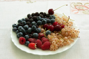 Plate with fresh blueberries, red and black ialines, cherries and white currants.