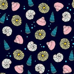 underwater world seamless pattern. Cute marine background with shells, jellyfish, starfish. Dodl style, hand-drawing. children's design, packaging. fabric, wrapper.