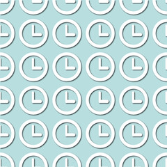 White clock face, dial on pale blue, turquoise background, seamless pattern. Paper cut style - 366343426