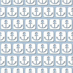 White anchor on pale blue background, seamless pattern. Paper cut style with drop shadows and highligts.