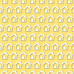 White house, home, dwelling icon on pale yellow background, seamless pattern. Paper cut style - 366343482