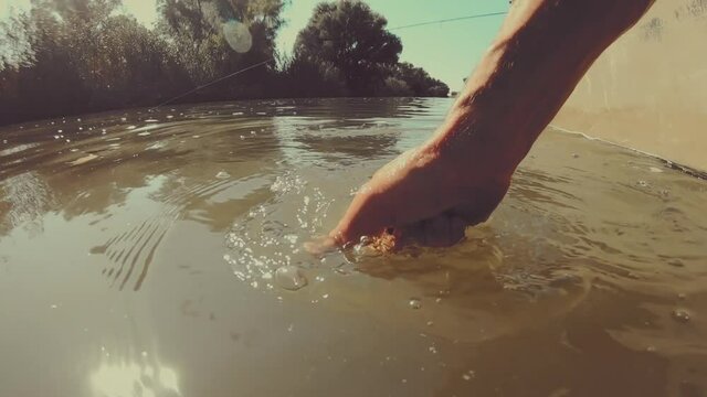 Fisherman releases the asp fish into the murky river from the boat