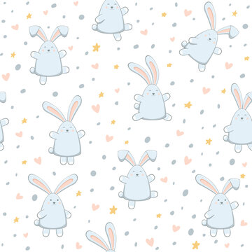 Seamless Background with Happy Easter Rabbits on White