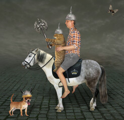The beige cat warrior with a double headed battle axe and a man are riding a gray horse along a...