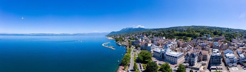 Aerial view of Evian (Evian-Les-Bains) city in Haute-Savoie in France - obrazy, fototapety, plakaty