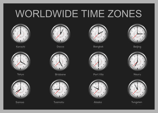 Set of clocks showing international time. World time zones. Vector illustration