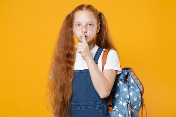 Redhead school secret girl 12-13 years old pony tails in white t-shirt backpack say hush be quiet...