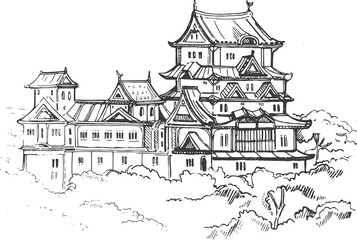 UNESCO – Himeji Castle, near Osaka, Japan Illustration vector doodle hand drawn of sketch Himeji jo castle.Japanese historical showplace for print, souvenirs, postcards, decoration, picture.
