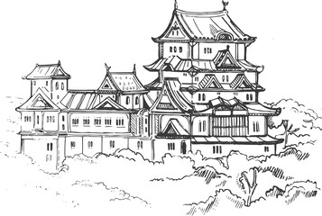 Naklejka premium UNESCO – Himeji Castle, near Osaka, Japan Illustration vector doodle hand drawn of sketch Himeji jo castle.Japanese historical showplace for print, souvenirs, postcards, decoration, picture. 