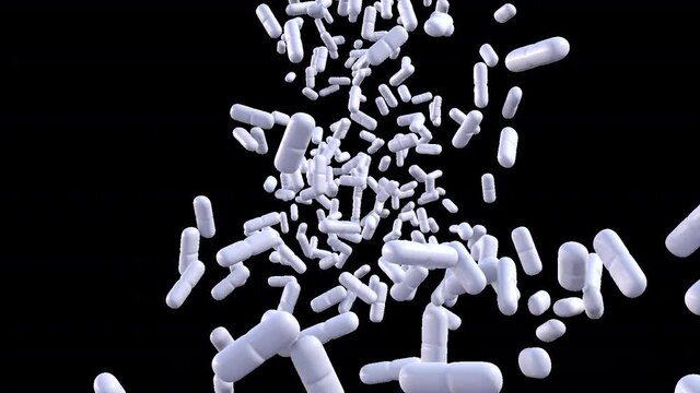 White bar shaped pills fly into camera like waterfall of pills with black background