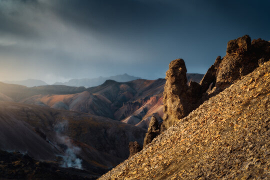 Landmannalaugar colorful rhyolite mountains in Iceland. Beautiful nature landscape in the sunset