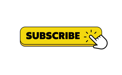 Subscribe button with hand click icon. Finger pointer clicking web site call to action. Clic vector.