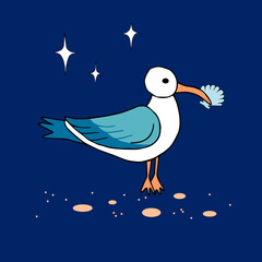 Vector illustration of a seagull drawn in doodles style with a shell in its beak on a dark blue background.Design for printing greeting card, poster, fabric, wrapping paper