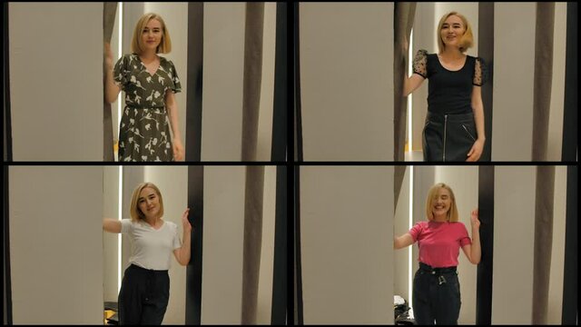 Collage of young blondie girl pulling back the curtain and showing diffirent dresses to her boyfriend. Four different reactions, approval and disapproval. Pretty woman in clothes store concept.