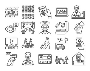 Safe travel and service black line icons set. Pictogram for web, mobile app, promo. UI UX design element.