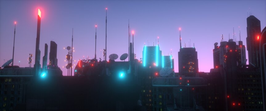 Roofs of futuristic buildings with antennas and neon lights against a pink and blue sunset sky. Neon future. Futuristic cyberpunk style wallpaper. 3D illustration.