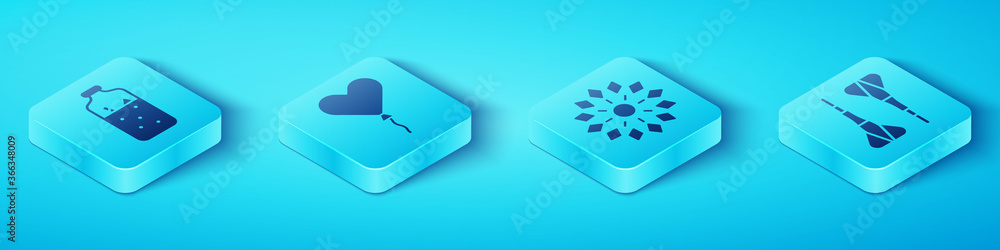 Poster set isometric mulled wine, balloon in form of heart, dart arrow and firework icon. vector.
