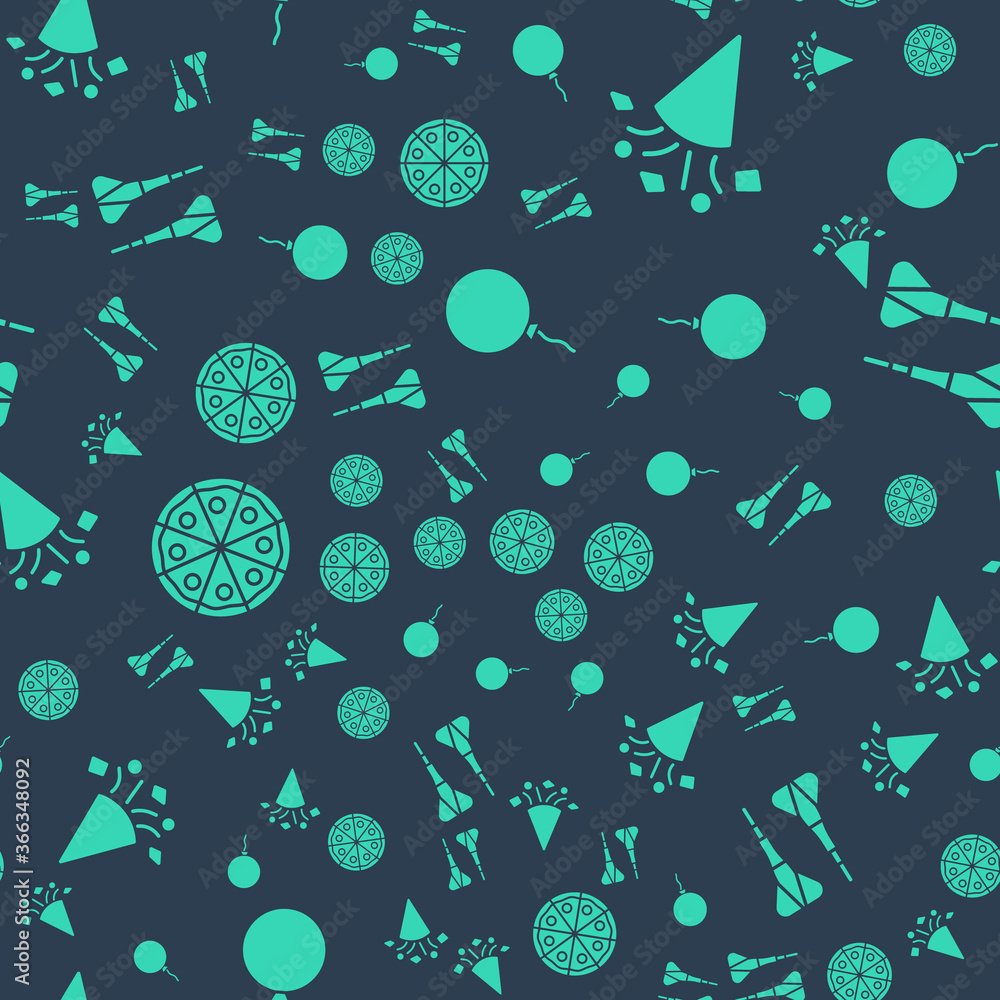 Poster set balloon with ribbon, festive confetti, pizza and dart arrow on seamless pattern. vector.