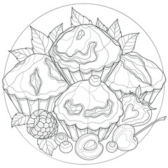 Cupcakes with berries. Raspberry, strawberry, 
cherry,blueberry, mint and apricot.Tasty sweets.Coloring book antistress for children and adults. Zen-tangle style.Black and white drawing