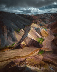 Aerial drone view of Landmannalaugar colorful mountains panorama in Iceland. Beautiful nature...
