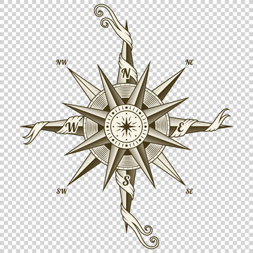 Vintage nautical compass. Old vector design element for marine theme and heraldry on transparent background. Hand drawn wind rose