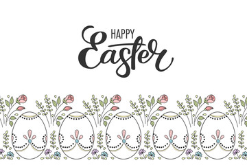 Border of hand drawn easter eggs and flowers on white background. Greeting card or invitation template