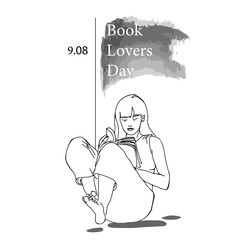 Vector illustration for book lovers day in August. 
Poster or banner template on Reading Day with caption and linear style illustration of women reading book, sitting behind the wall