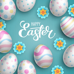 Fototapeta na wymiar Realistic decorated eggs and flowers on light turquoise background. Easter greeting card or invitation template