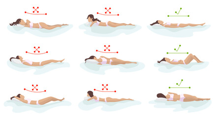 Correct and incorrect sleeping body posture. Position spine in various mattresses. Orthopedic mattress and pillow. Caring for health of back, neck. Comparative illustration. Healthy sleeping position