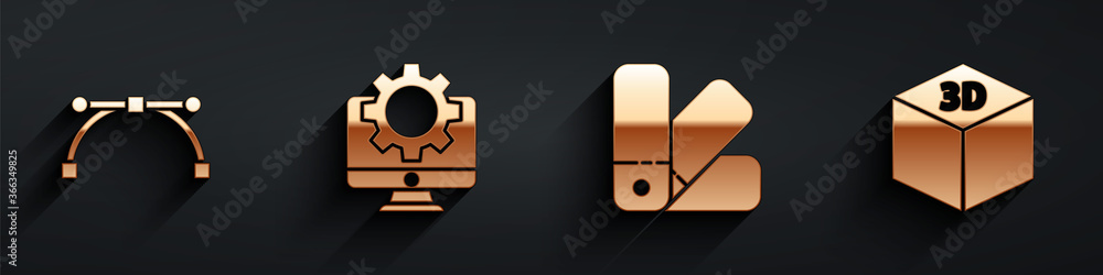 Poster set bezier curve, computer monitor and gear, color palette guide and isometric cube icon with long s