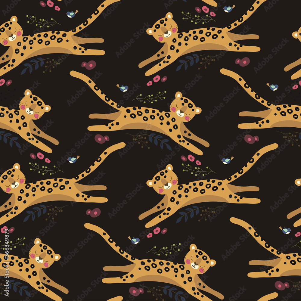 Poster seamless vector pattern with funny leopard and birdie