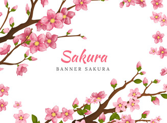 Sakura. Greeting card banner or invitation card with blossom sakura flowers. Blooming flowers illustration wedding invitation template