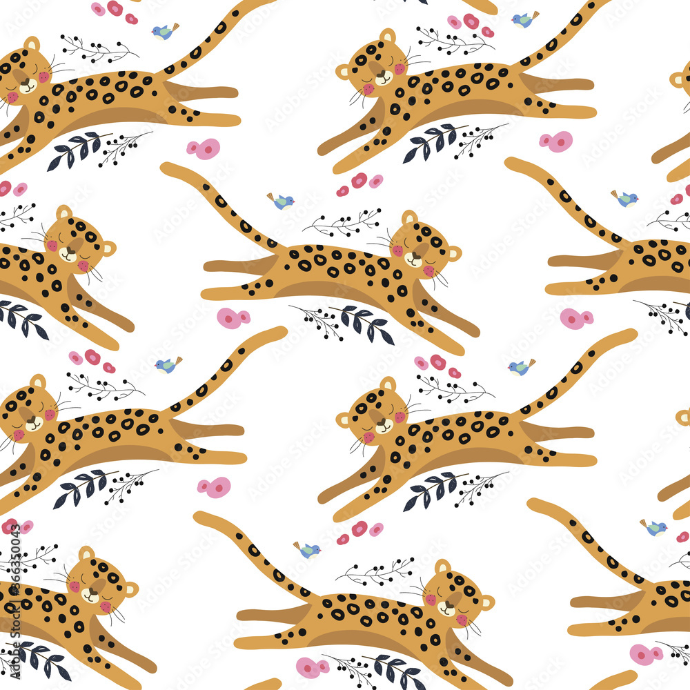 Poster seamless vector pattern with funny leopard and birdie