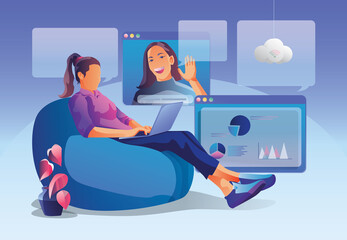 Businesswomen use Video conference landing. People on window screen taking with colleagues. Videoconferencing and online meeting workspace page, men and women learning. Vector illustration, Flat