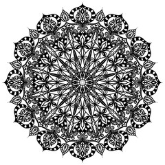 Black mandala on a white background. Vector round illustration. Template for tattoo, henna drawing and coloring. Decorative ethnic element