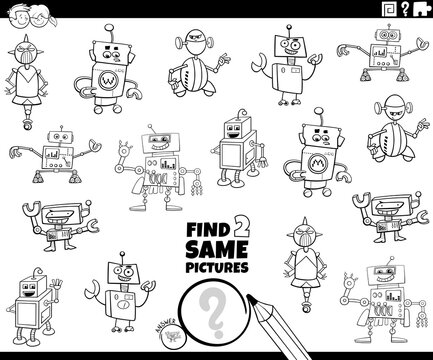 find two same robots task coloring book page