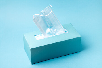 Disposable blue face mask box on blue background.