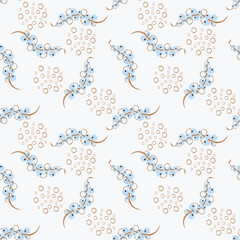 Vector abstract seamless pattern with berries, small circles. Simple floral texture in doodle style. Modern background with hand drawn elements. White, blue and brown color. Repeat decorative design