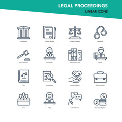 Vector set of line icons of legal proceedings and law