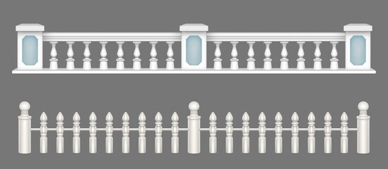 White marble balustrade, handrail for balcony, porch or garden in classic roman style. Vector realistic set of stone railing sections, banister with pillars and decorative columns