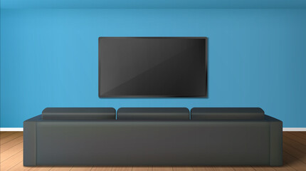 Empty living room with tv screen on wall and rear view to black sofa. Vector realistic interior of modern lounge room with couch, lcd television display on blue wall and wooden floor