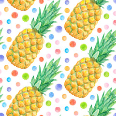 Crayon pineapple with leaves seamless pattern. Hand drawn artistic fruit repeatable background with pastels. Cute Colorful stylish illustration for backgrounds, textiles, tapestries.