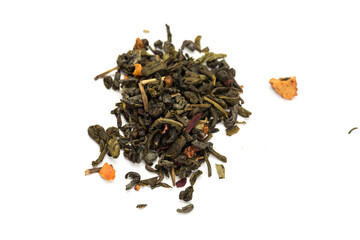  Leaves of Chinese Dry Tea Top Grade with Goji Berries and Powdered Acai on White Background