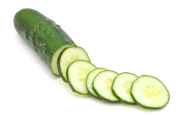 Cucumber and slices isolated over white background.
