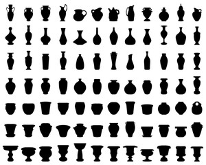 Black silhouettes of flowerpots, potteries and vases on a white background