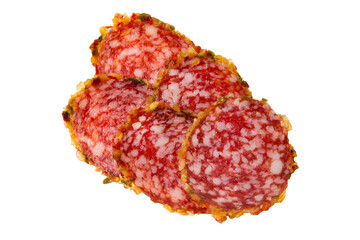 Pieces of raw-smoked sausage isolated on white background